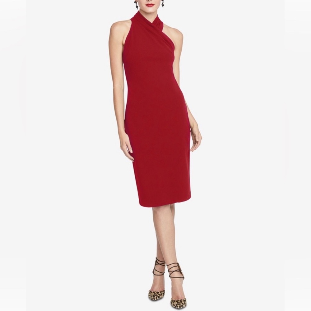 RACHEL Rachel Roy Red Stretch Pleated Sleeveless Halter Sheath Dress. Size XS.